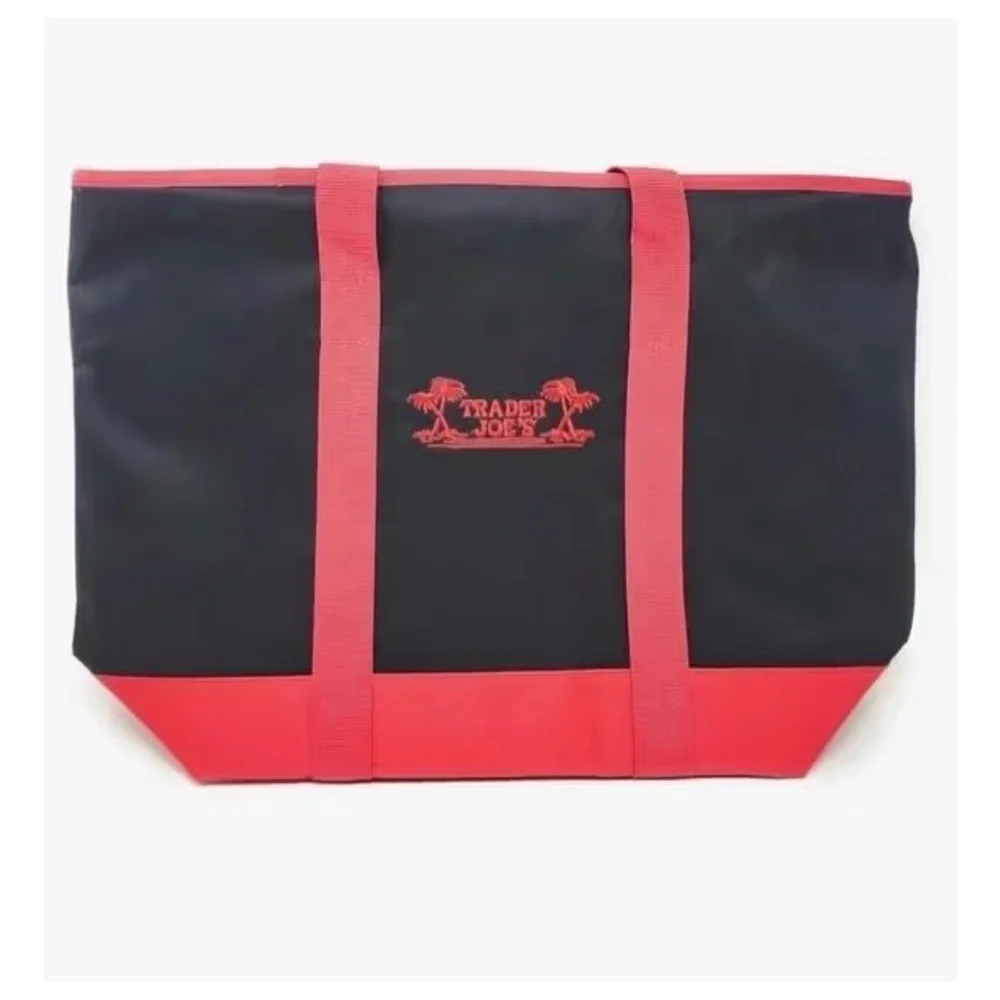 Trader Joes Insulated Reusable Shopping Tote Bag Zip Top Black Red Embroidered - Picture 4 of 9
